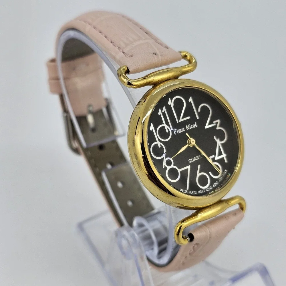 VTG Pierre Nicol Women Watch 32MM Black Dial New Pink Leather Bands New Battery‎